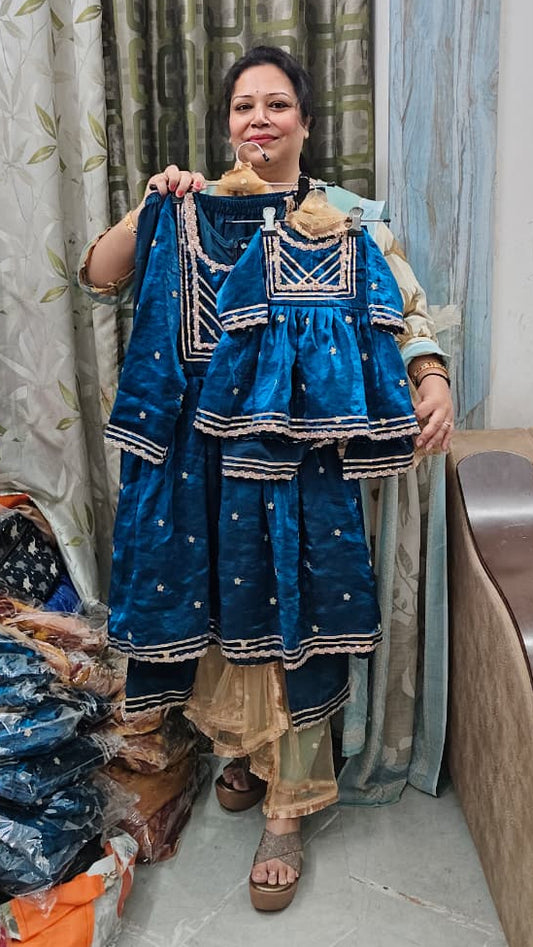 Premium satin silk embroidered mother daughter matching outfits