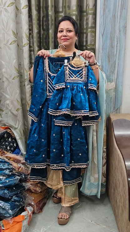 Premium satin silk embroidered mother daughter matching outfits