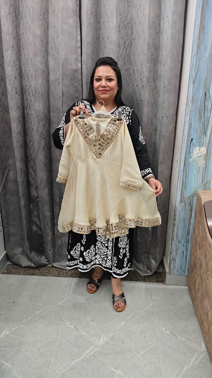 Premium Pure Cosmos Silk Mirror Work Frock Suit